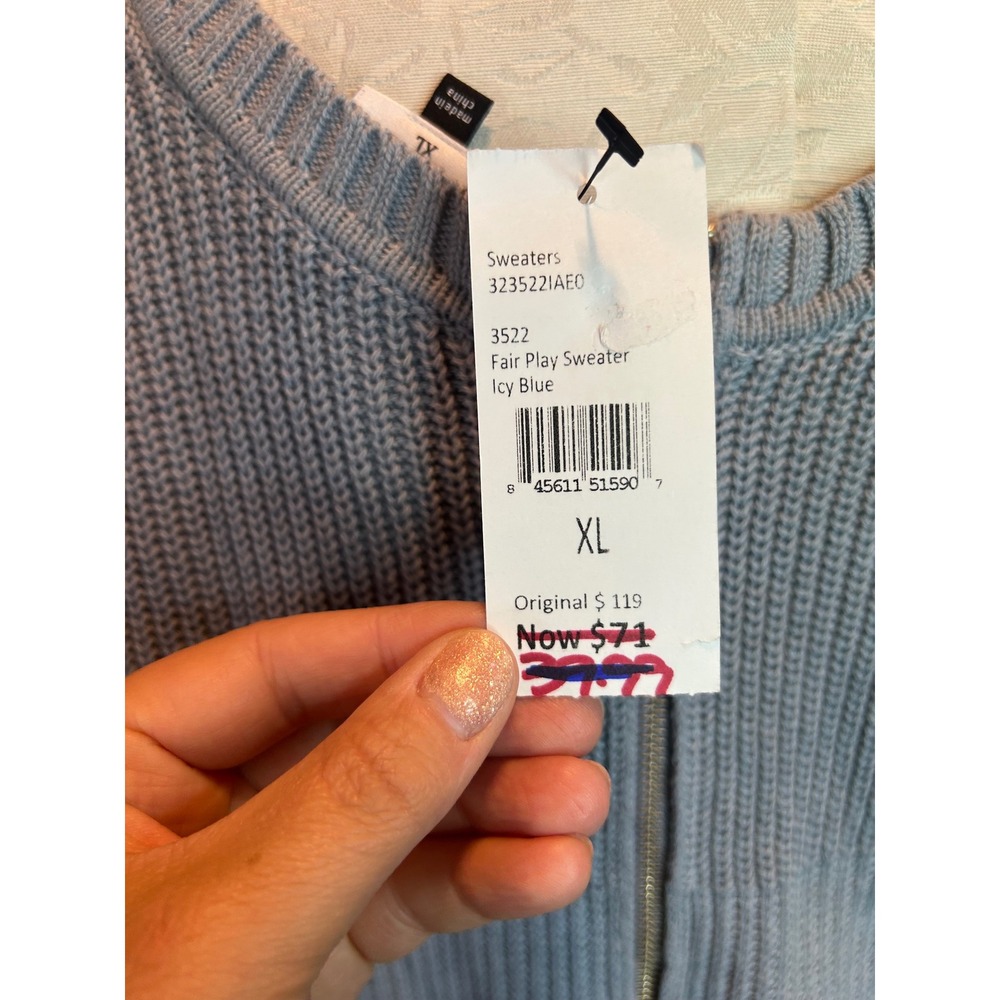 Cabi Fair Play Sweater Icy Blue Ribbed Knit Back Zip 3522 XL NWT Reversible - Picture 7 of 12